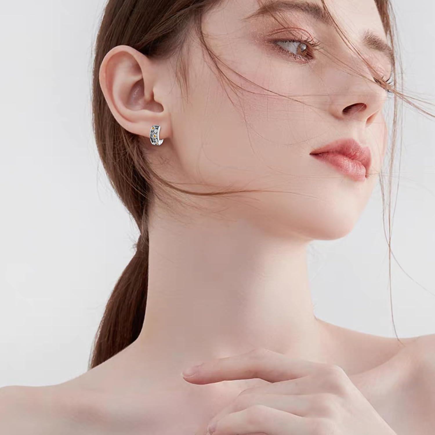 925 Sterling Silver Metal Stone Flower Hoop Earrings with Citrine and CZ Stones - Elegant Floral  for Women-0-3