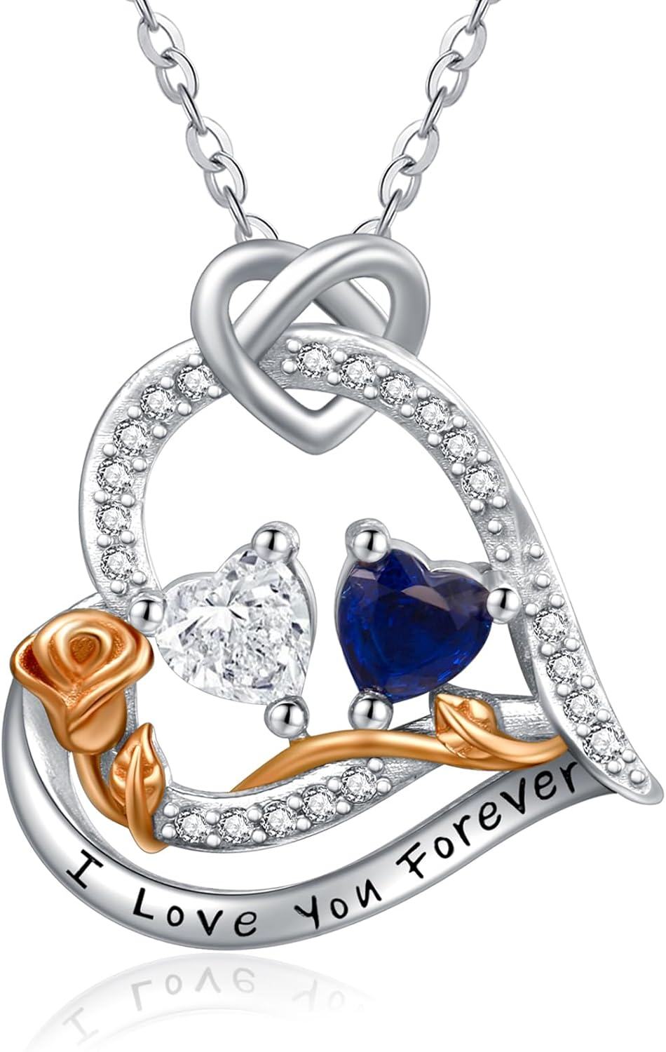  Sterling Silver 2 Birthstones Rose Heart Necklace for Women -04-09-Apr-Sept