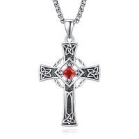 wholesale 925 Sterling Silver Garnet Celtic Cross Necklace for Men 22 +2 Chain-Silver-January