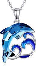 wholesale 925 Sterling Silver Blue Crystal Dolphin Pendant with Waves and Ocean Design - Sea Life Jewelry for Women-0-0