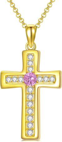 wholesale 925 Sterling Silver Gold Plated Cubic Zirconia Birthstone Cross Necklace-J.Pink-October-Tourmaline