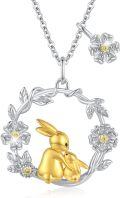 wholesale 925 Sterling Silver Gold Plated Bunny Pendant Necklace with Flowers and Leaves - Easter s for Women-0-0