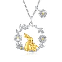 wholesale 925 Sterling Silver Gold Plated Bunny Pendant Necklace with Flowers and Leaves - Easter s for Women-Daisy Bunny Necklace