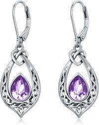 wholesale Sterling Silver 8 6mm Simulated Birthstone Celtic Knot Dangle Earrings-Violet Purple
