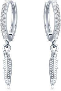 wholesale 925 Sterling Silver Feather Pendant Huggie Hoops with Cubic Zirconia for Women Men Minimalist Fine  Set of 3 Pairs-03-Feather Earrings