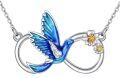 wholesale 925 Sterling Silver Hummingbird Infinity Love Pendant Necklace with Gold Flowers and Blue Enamel Wings-0-0