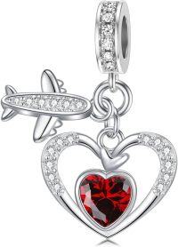 wholesale 925 Sterling Silver Birthstone Heart Charm with Airplane Charms for Anklets Women Mom Lover-01-January-Red
