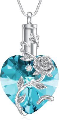 wholesale 925 Sterling Silver Birthstone Heart Rose Flower Urn Necklace for Ashes Memorial Jewelry-03-March-Aquamarine