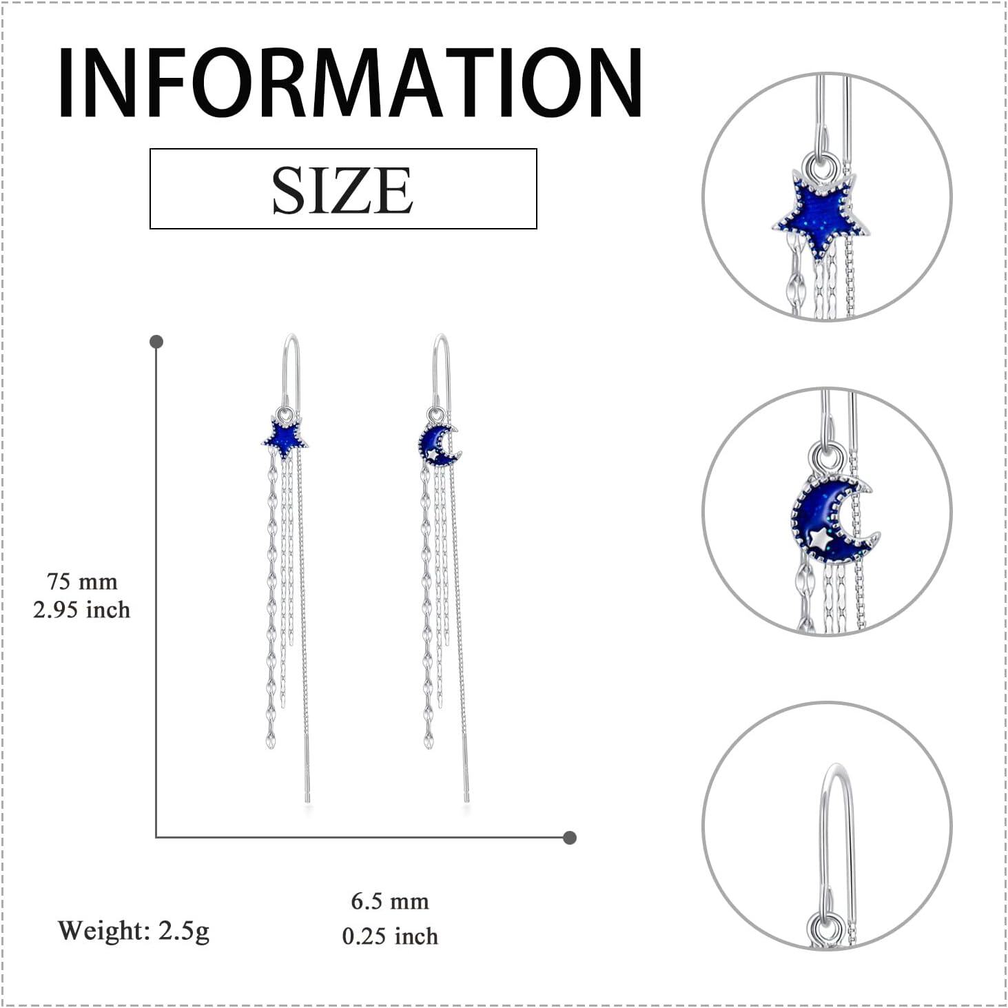925 Sterling Silver Moon Star Threader Earrings w/ Tassel Chain for Women & Teens - Hypoallergenic-0-3