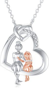 wholesale 925 Sterling Silver Lab-Grown Cubic Zirconia Mother & Daughter Heart Pendant Necklace-A2-Mother Daughter