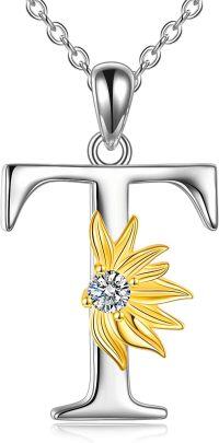 wholesale 925 Sterling Silver & CZ Gold Sunflower Initial Necklace with 18 Rolo Chain - Personalized Gift for Women-Sunflower T