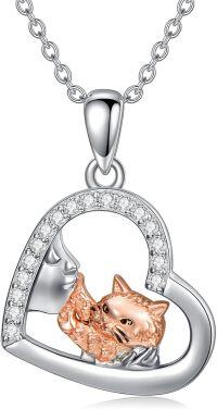wholesale 925 Sterling Silver Heart-Shaped CZ Cat Pendant Necklace-H-Cat and Women
