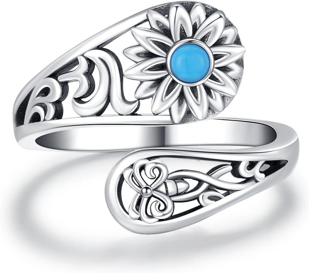 wholesale 925 Sterling Silver Turquoise Spoon Ring Adjustable Dragonfly Sunflower Bee Vintage Jewelry-0-0