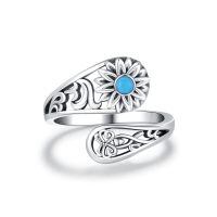wholesale 925 Sterling Silver Turquoise Spoon Ring Adjustable Dragonfly Sunflower Bee Vintage Jewelry-Sunflower