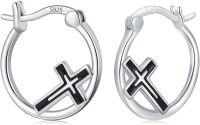 wholesale 925 Sterling Silver Cross Hoop Earrings - Religious  for Women-Black Cross