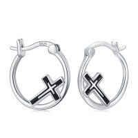 wholesale 925 Sterling Silver Cross Hoop Earrings-Black Cross