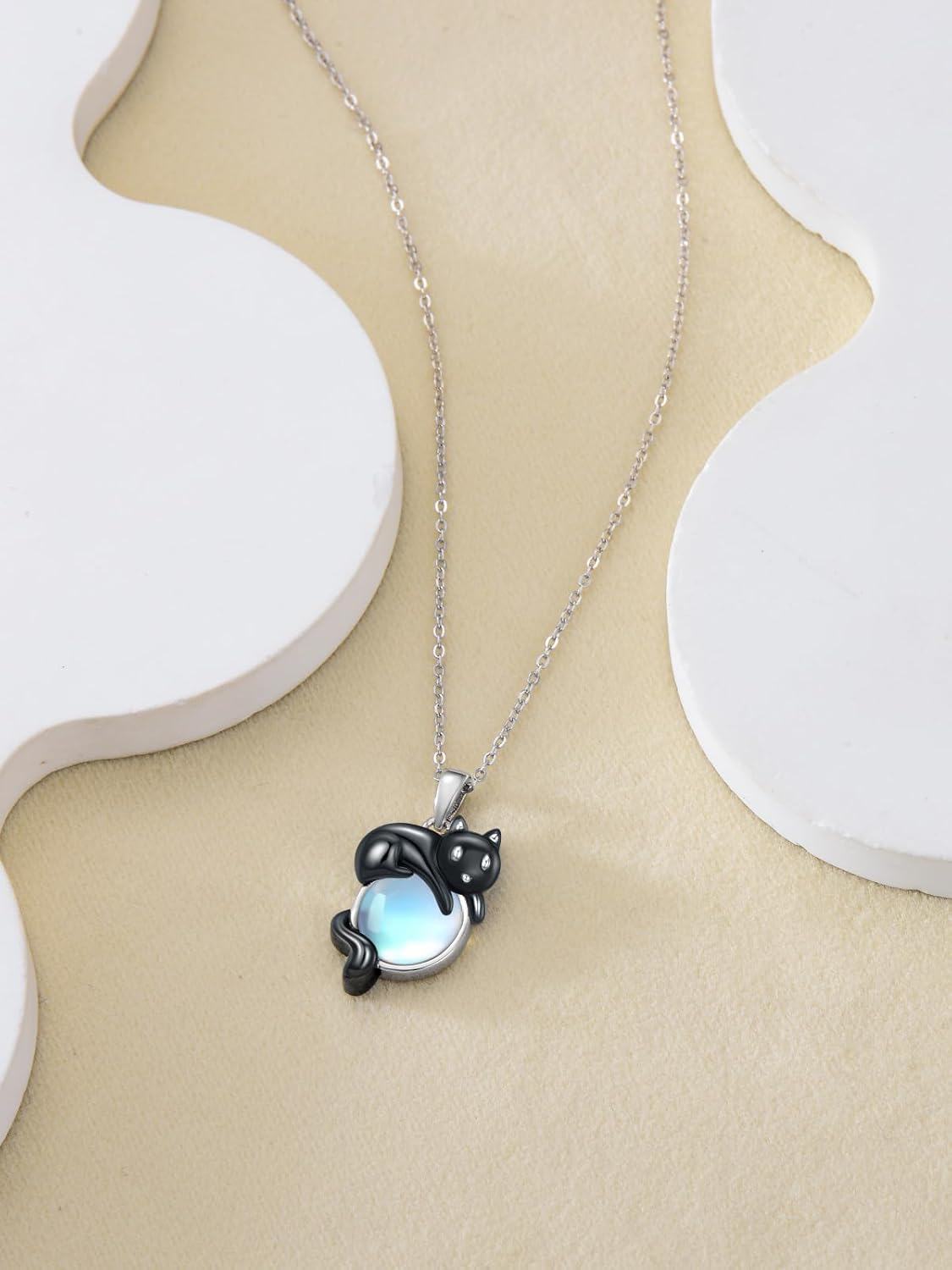 925 Sterling Silver Cat Moonstone Pendant Necklace-0-2