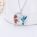 wholesale Silver Ruby Hummingbird Necklace Heart Pendant with Red Flower-0-1