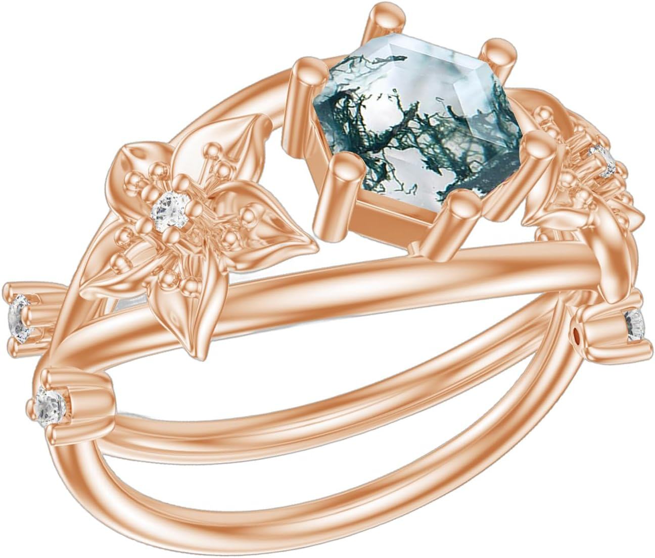 18K Gold Plated Sterling Silver 1ct Natural Moss Agate Hexagon Ring-0-0