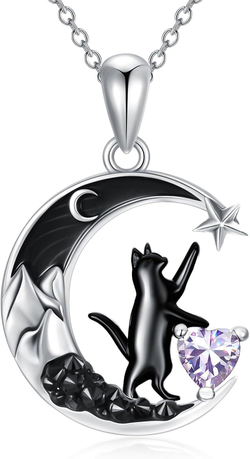 Sterling Silver Black Cat Necklace with Heart Birthstone Crescent Moon Star Pendant Gothic Jewelry Gift for Women Wife Cat Lover-06-Light Violet