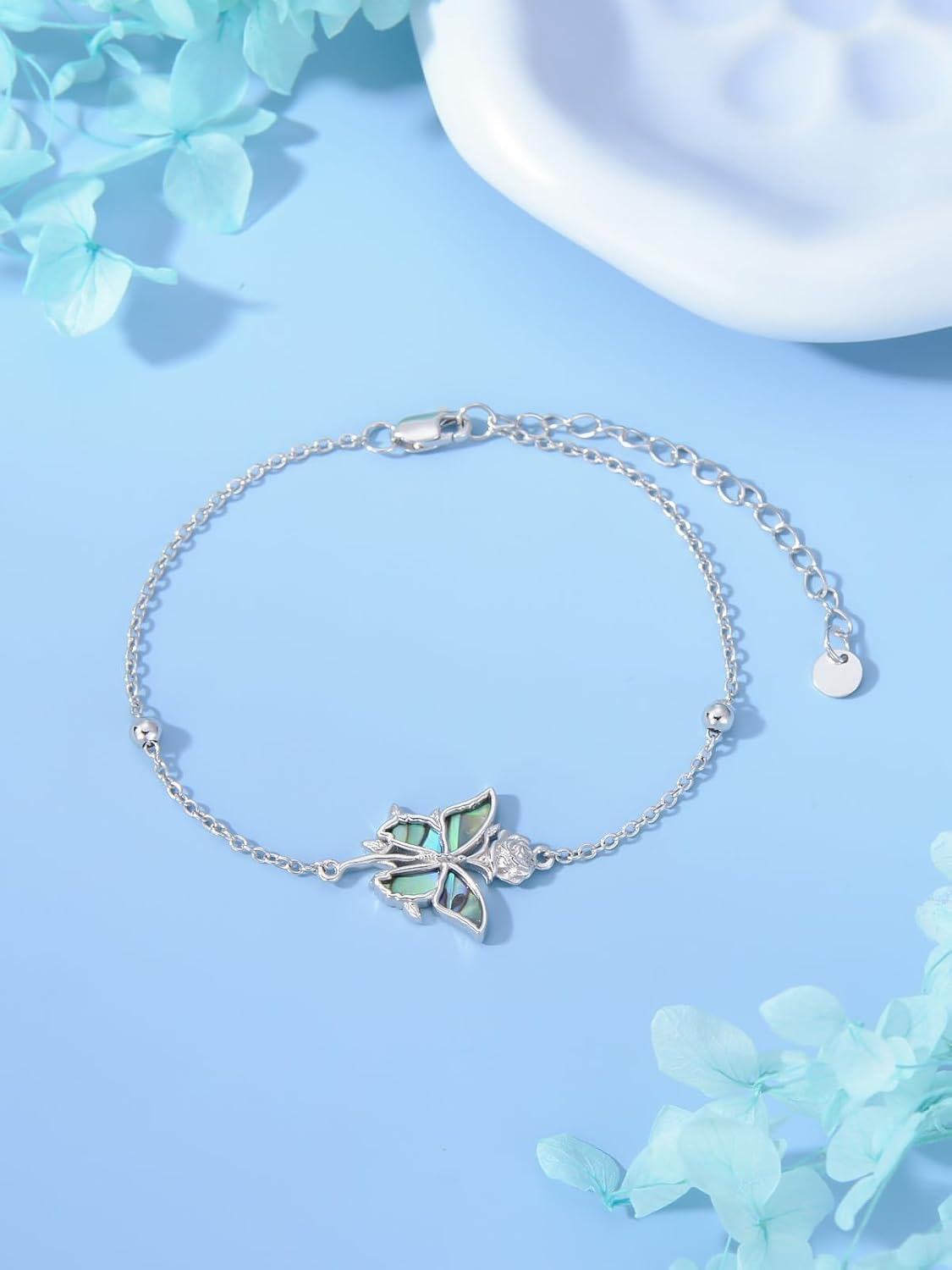 wholesale 925 Sterling Silver Butterfly & Rose Abalone Shell Charm Bracelet - Adjustable Holiday Gift for Her-0-3