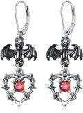 wholesale 925 Sterling Silver Bat Heart Red Crystal Drop Dangle Leverback Earrings-0-0