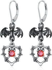 wholesale 925 Sterling Silver Bat Heart Red Crystal Drop Dangle Leverback Earrings-Bat