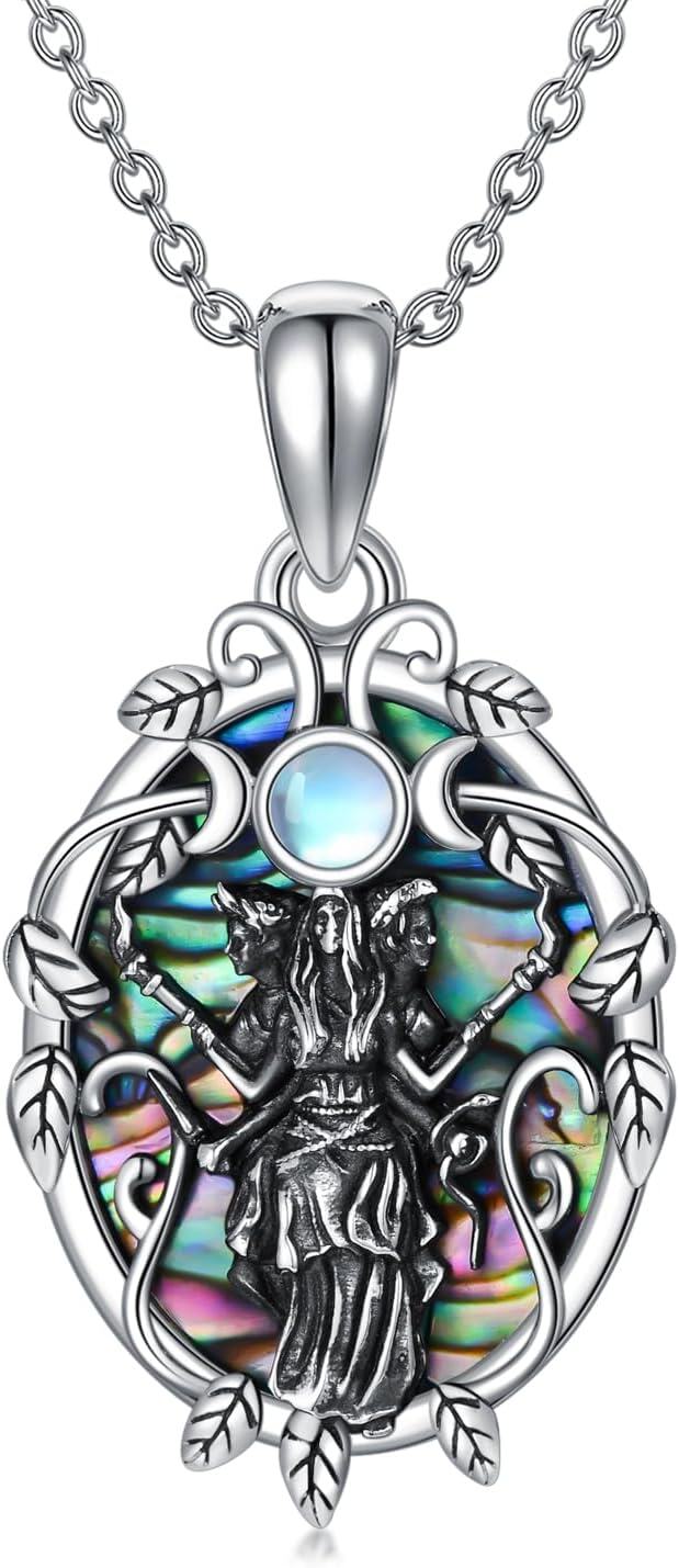 wholesale 925 Sterling Silver Abalone Shell Triple Moon Goddess Pendant Necklace for Women Gothic Witchcraft Jewelry 36 Chain Length-0-0