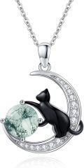 wholesale 925 Sterling Silver Moon & Black Cat Green Agate Pendant Necklaces for Women's  Ideas-0-0