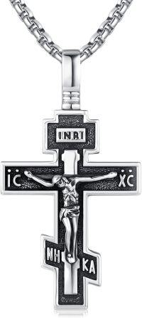 wholesale 925 Sterling Silver Crucifix Pendant Necklace with Black Onyx Stone for Men & Women-I01-Orthodox Cross
