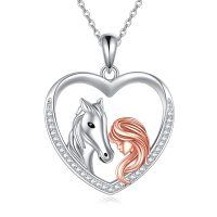 wholesale 925 Sterling Silver Horse Girl Heart Pendant Necklace Rose Gold Plated Cubic Zirconia-Horse