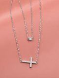 wholesale 925 Sterling Silver Sideways Faith Cross CZ Layered Pendant Necklace for Women Girls Christian s 43cm Chain Length-0-1