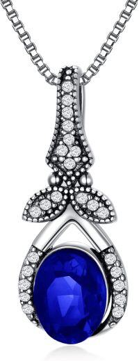 wholesale Sterling Silver Crystal Vintage Necklace 925 Retro Oxidized Dainty Pendant w 8 6 Oval Birthstone Women s Gift-Sapphire Blue