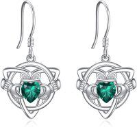 wholesale Sterling Silver Crystal Claddagh Celtic Knot Heart Dangle Earrings-Emerald