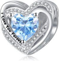 wholesale 925 Sterling Silver Heart Birthstone Charms for Bracelets Jewelry Gifts-Bead - Mar - Aquamarine
