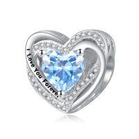 wholesale 925 Sterling Silver Heart Birthstone Charms for Bracelets Jewelry Gifts-Bead - Mar - Aquamarine