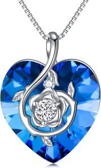 wholesale Sterling Silver Birthstone Heart Rose Pendant Necklace for Women-9-Spe-Sapphire