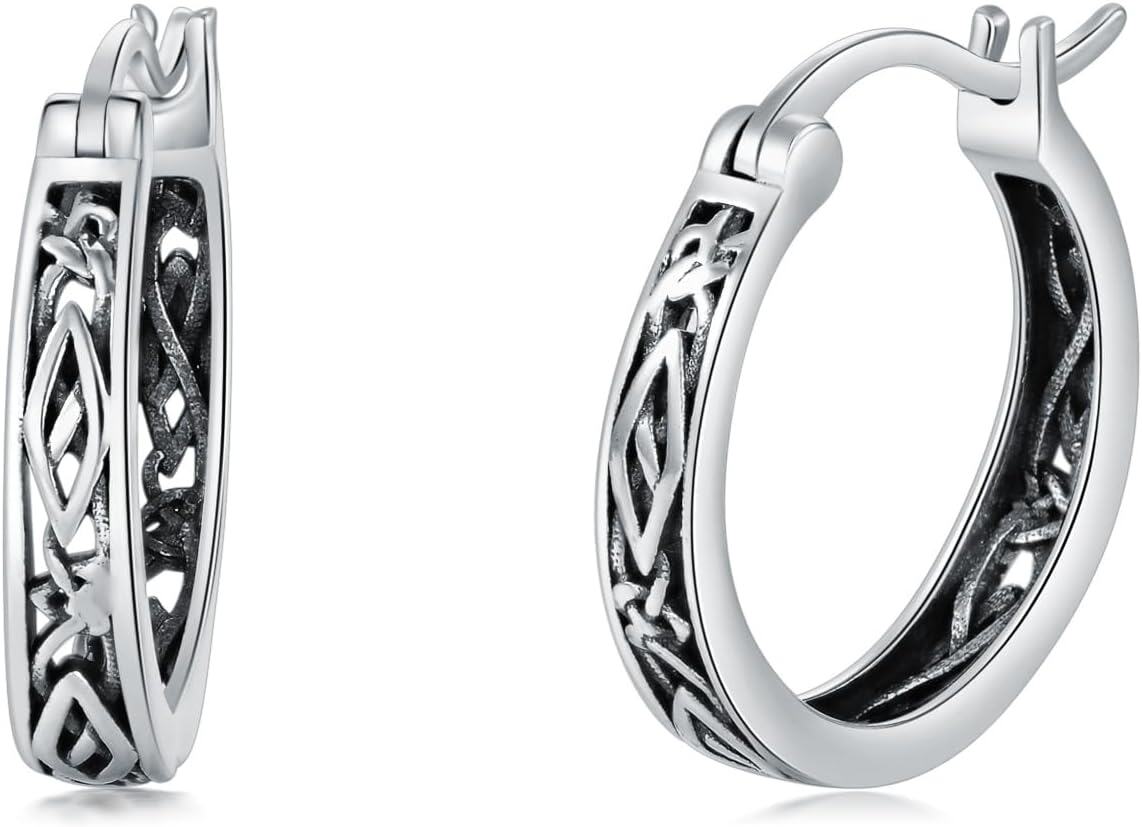 Sterling Silver Hypoallergenic Small Hoop Sun Leaf Triangle Huggie Earrings for Women-Viking-Oxidizied-Viking-Oxidizied