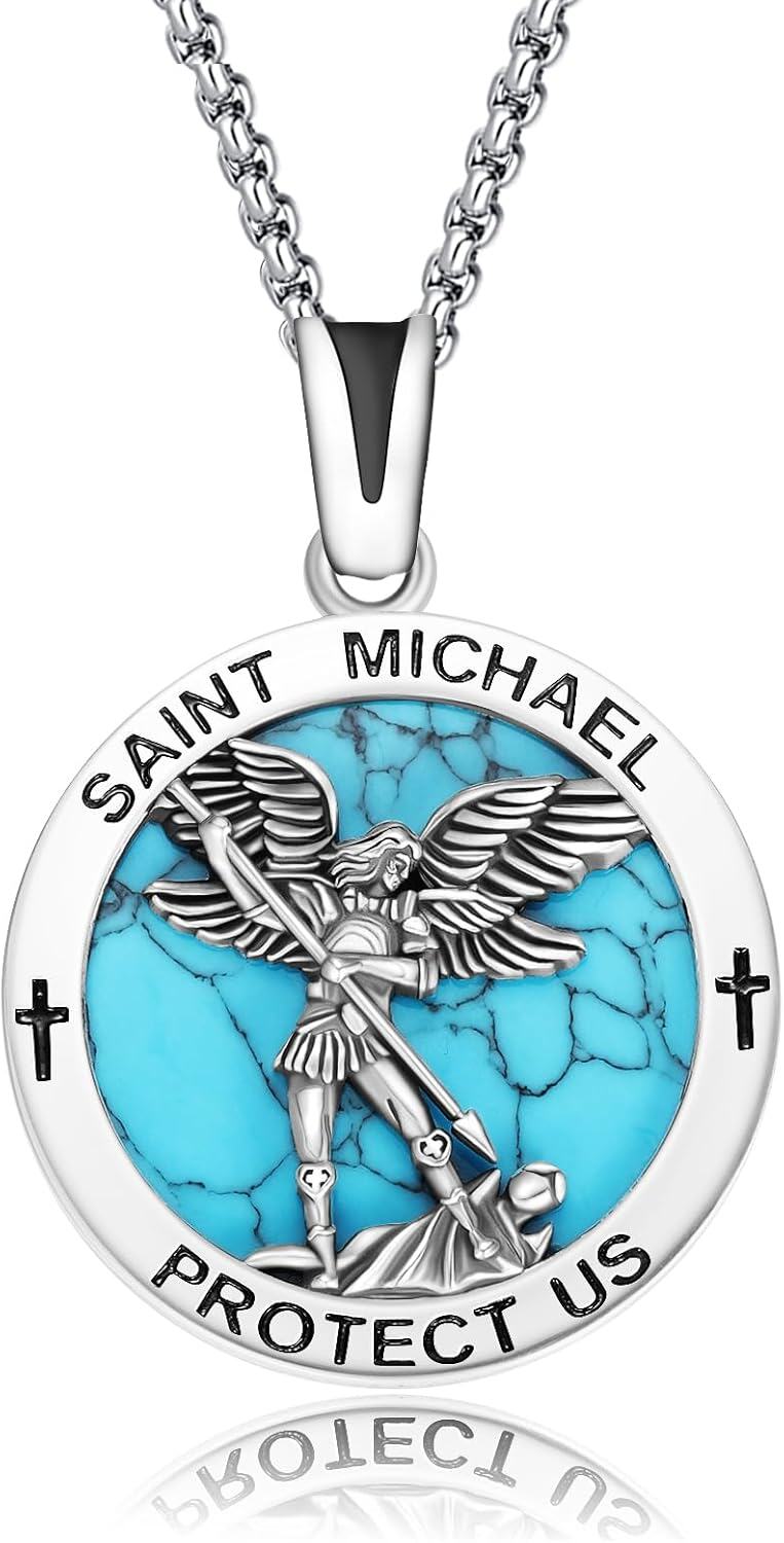 Sterling Silver Catholic Medal Necklace St Michael Christopher Benedict Virgin Mary Amulet Pendant for Men Women-St Michael(Turquoise)-St Michael B