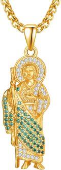wholesale Gold 925 Sterling Silver Saint Jude Pendant Necklace with Cubic Zirconia and Green Stones for Men & Women Catholic s-0-0