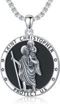 wholesale 925 Sterling Silver Saint Christopher Medal Necklace with Black Onyx Stone and Stars Protection Charm for Men & Women-0-0