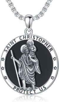 wholesale 925 Sterling Silver Saint Christopher Medal Necklace with Black Onyx Stone and Stars Protection Charm for Men & Women-B01. St christopher (Black Onyx)