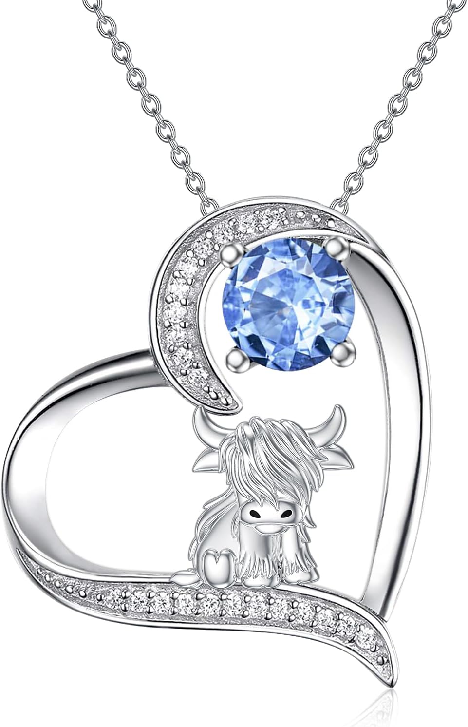 Sterling Silver Highland Cow Birthstone Necklace Jewelry Gifts for Women Girls-1-03-March-1-03-March