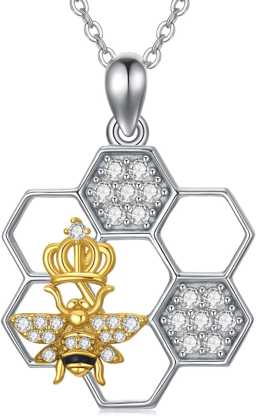 Sterling Silver Honeycomb Crown Bee Ladybug Pendant Necklace for Her-0-1