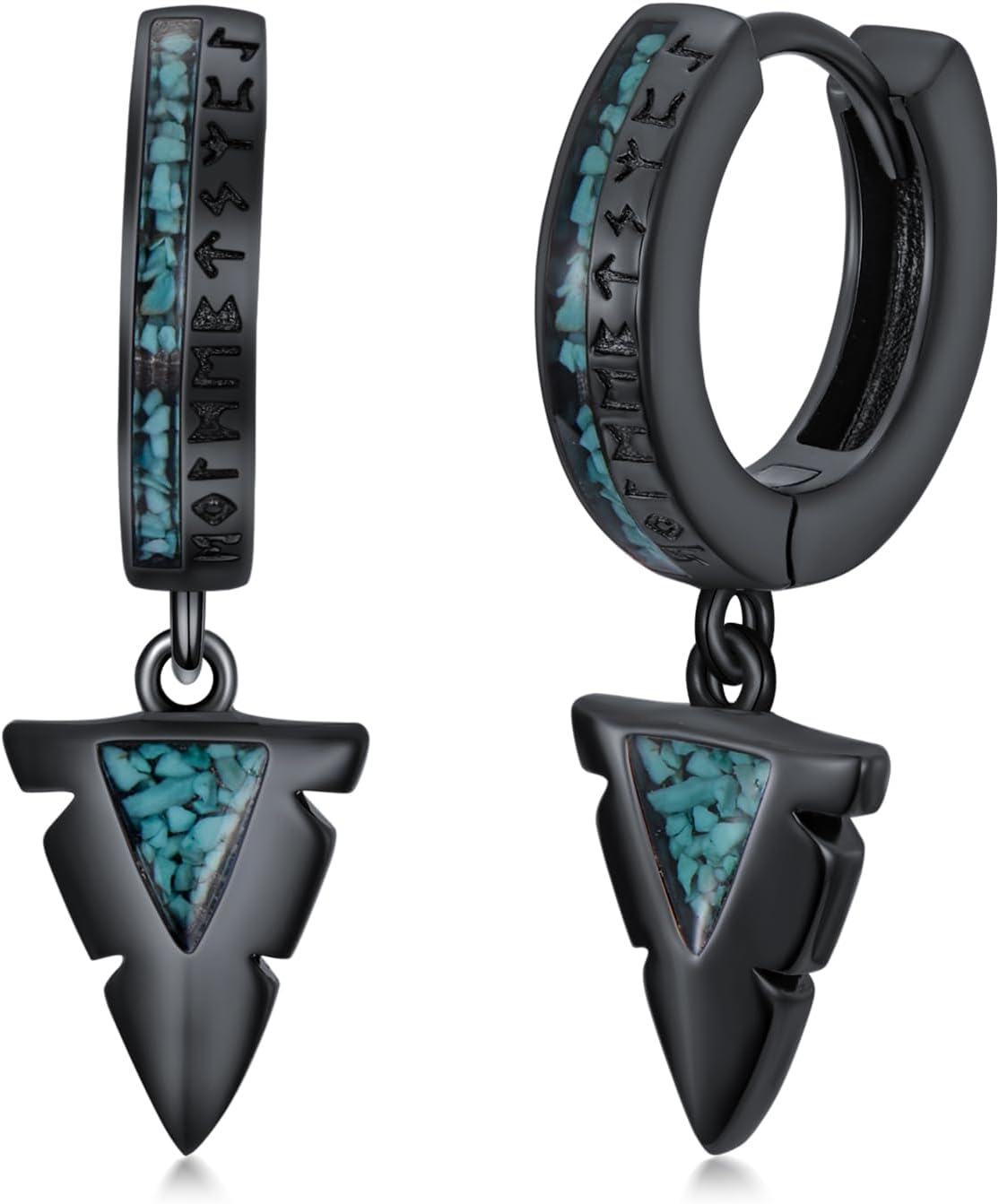 Sterling Silver Gothic Punk Black Viking Runes Wolf Head Valknut Drop Dangle Earrings-Viking Runes Turquoise earrings