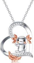 wholesale 925 Sterling Silver Axolotl Heart Shape Pendant Necklace with Rose Gold Leaves and Cubic Zirconia Stones for Women Girls  45cm Chain Length-0-0