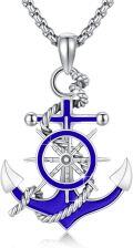 wholesale 925 Sterling Silver Blue Enamel Ship Wheel & Rope Anchor Pendant Necklace-0-0