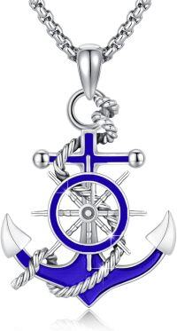 wholesale 925 Sterling Silver Blue Enamel Ship Wheel & Rope Anchor Pendant Necklace-A-Anchor-Blue