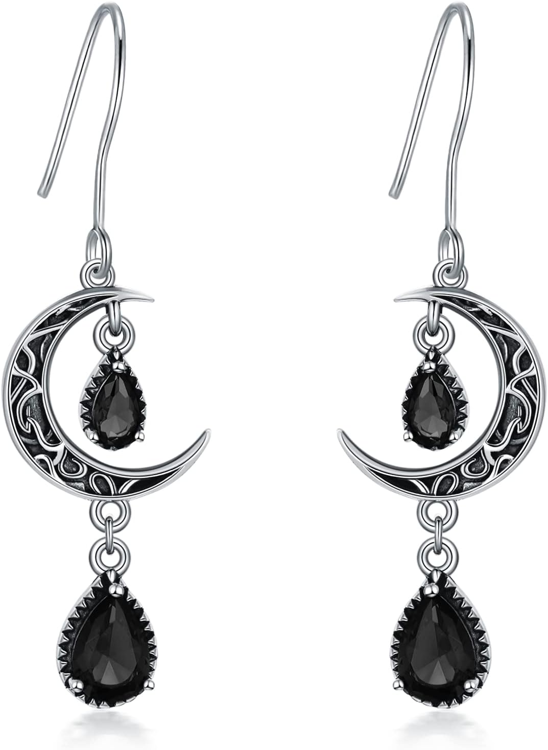 wholesale Sterling Silver Moon Earrings w Emerald Amethyst Ruby Sapphire Pink Peridot Aquamarine Citrine Black Rainbow Topaz Celtic Dangle Drops-Black