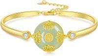 wholesale 14K Gold Plated Sterling Silver Jade Bracelet for Women Lotus Sunflower Tree of Life Hummingbird Dragonfly Bee Butterfly Cat Birthday Mothers Day Gifts for Mom Grandma-Lotus